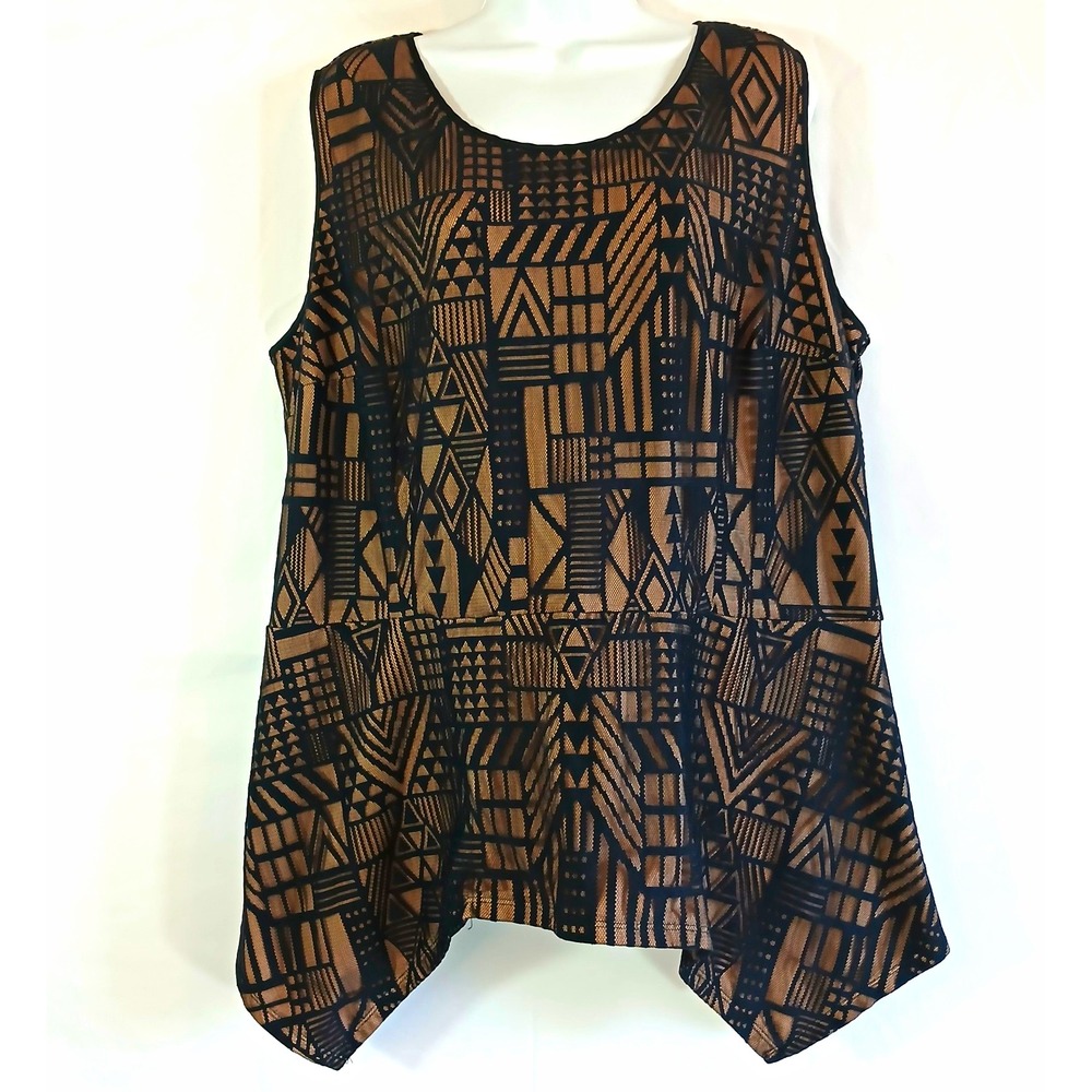 Lane Bryant Tank Top Black Beige Geometric Sheer Mesh Scoop Neck Zip Sz 3X